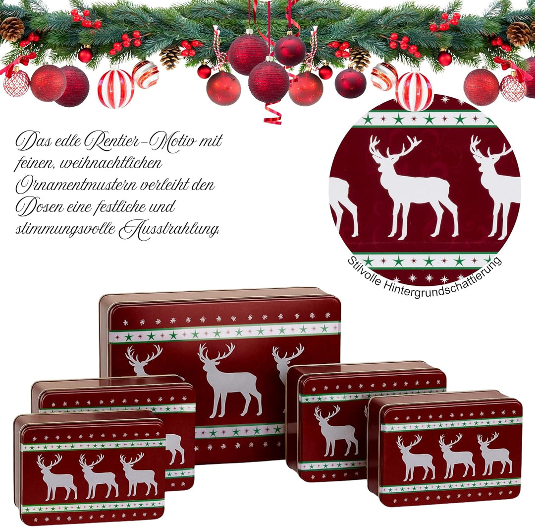 Brandsseller 5er Set Keksdose rechteckig Weihnachtsdose Plätzchendose Gebäckdose Metall Rentier 5er
