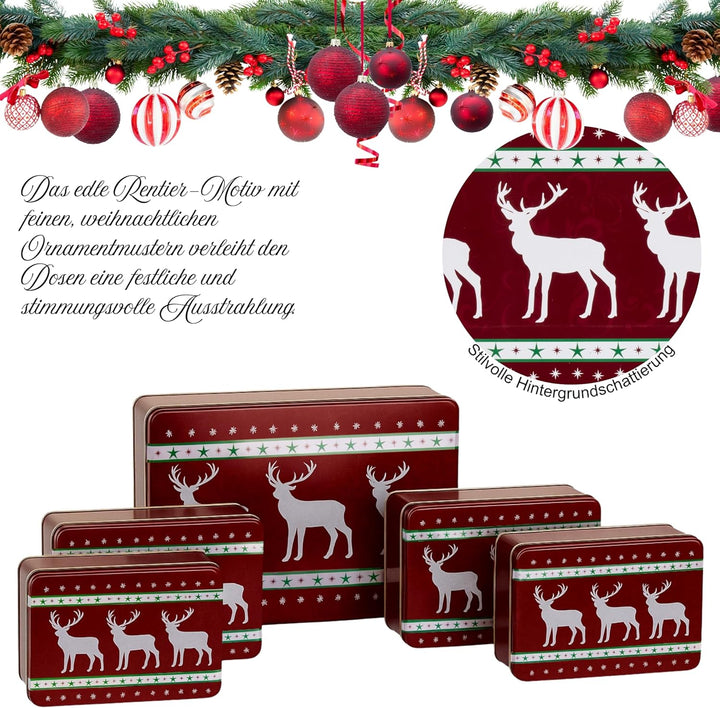 Brandsseller 5er Set Keksdose rechteckig Weihnachtsdose Plätzchendose Gebäckdose Metall Rentier 5er
