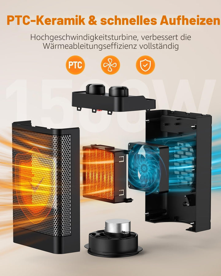 Heizlüfter Energiesparend, 1500W 3 Heizmodi Keramik Elektrische Heizung, 70° oszillierend, Berhitzun