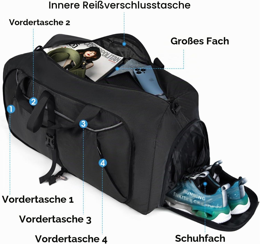 Faltbare Reisetasche 65L 80L 100L Grosse Leichte Sporttasche mit Schuhfach für Herren Damen Weekende