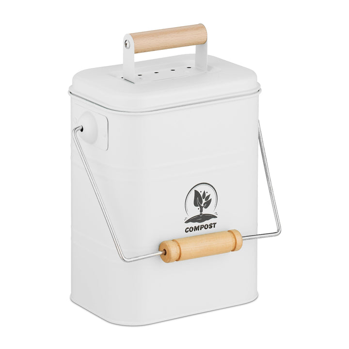 Relaxdays Komposteimer Küche, 3,5 Liter, 2 Aktivkohlefilter, mit Deckel, Henkel, Eisen & Holz, Biomü