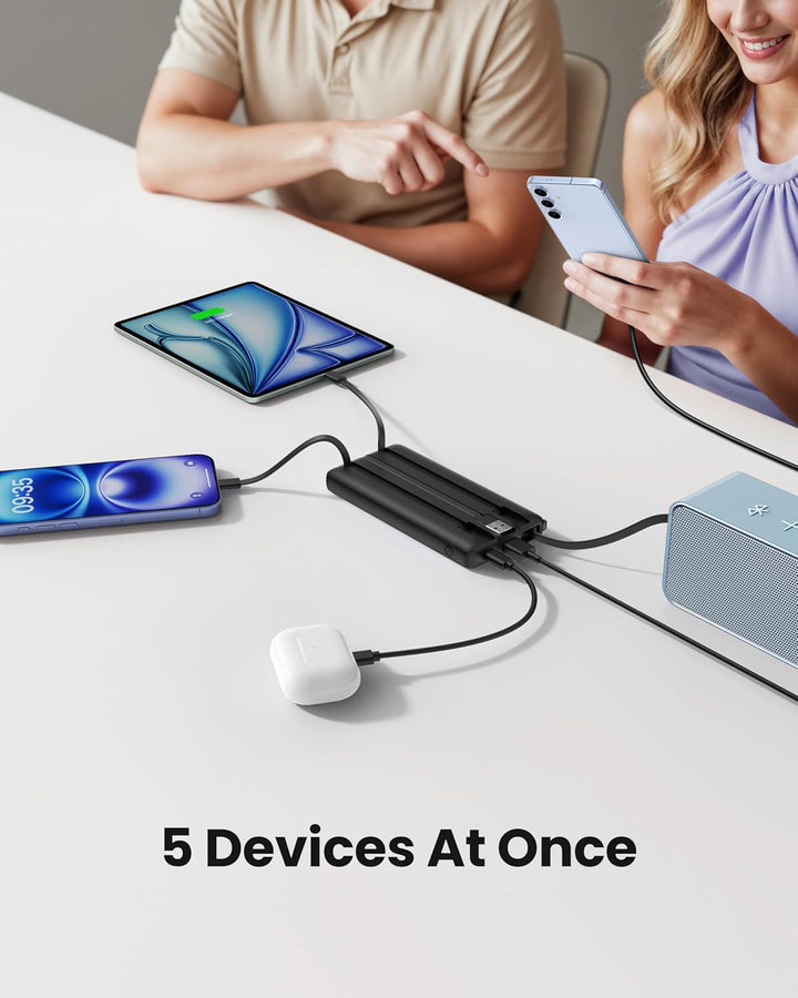 Power Bank mit Ladekabel, 10000mAh Tragbares Ladegerät USB C, 5 Ausgänge 2 Eingänge LED Display Exte