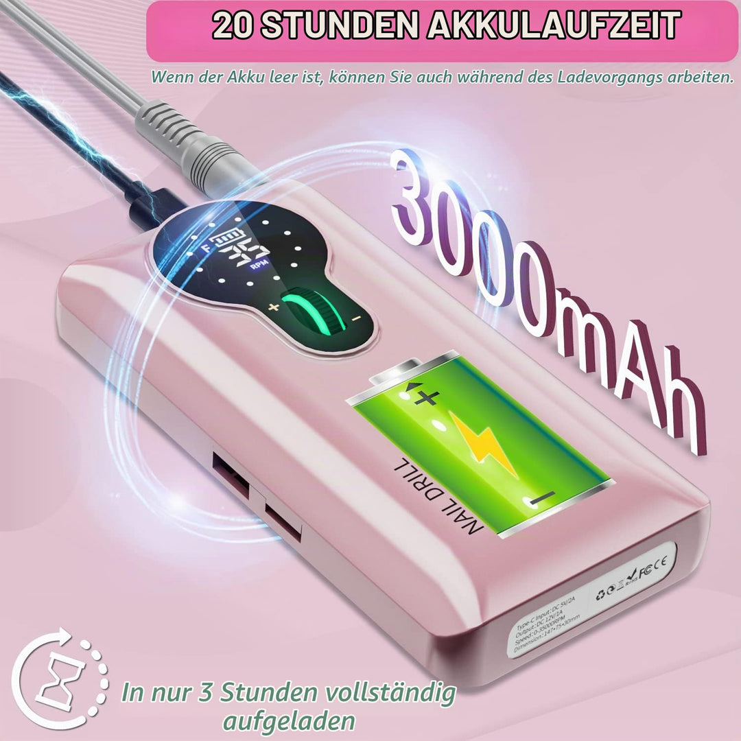 ENGERWALL Wiederaufladbarer Elektrische Nagelfräser 35000 U/min, Erstaunliche 15-Stunden-Akkulaufzei