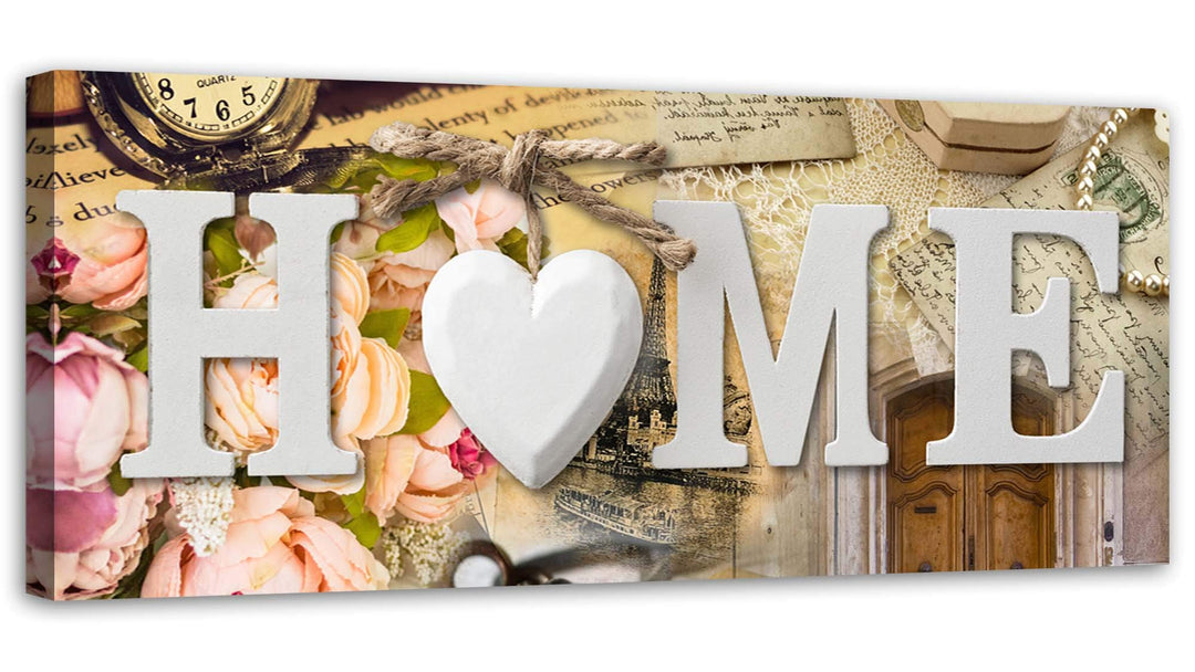 Feeby Wanddeko Home 120x40 cm Leinwandbild Kunstdruck Herz Vintage Paris Wohnung Beige Leinwandbild