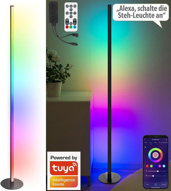 Luminea Home Control Stableuchte: WLAN-Steh-/Eck-Leuchte, RGB-IC-LEDs, 12W, dimmbar, App, 155cm, sch