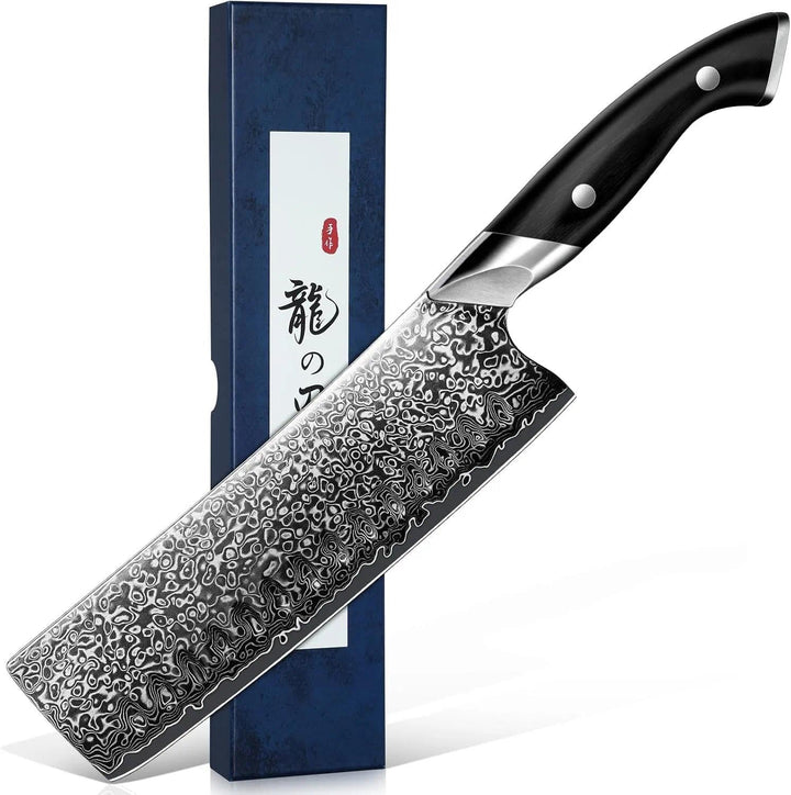 DRAGON RIOT Nakiri Messer Damast, Japanisches Küchenmesser Damast, Extrem Scharfes Gemüsemesser mit