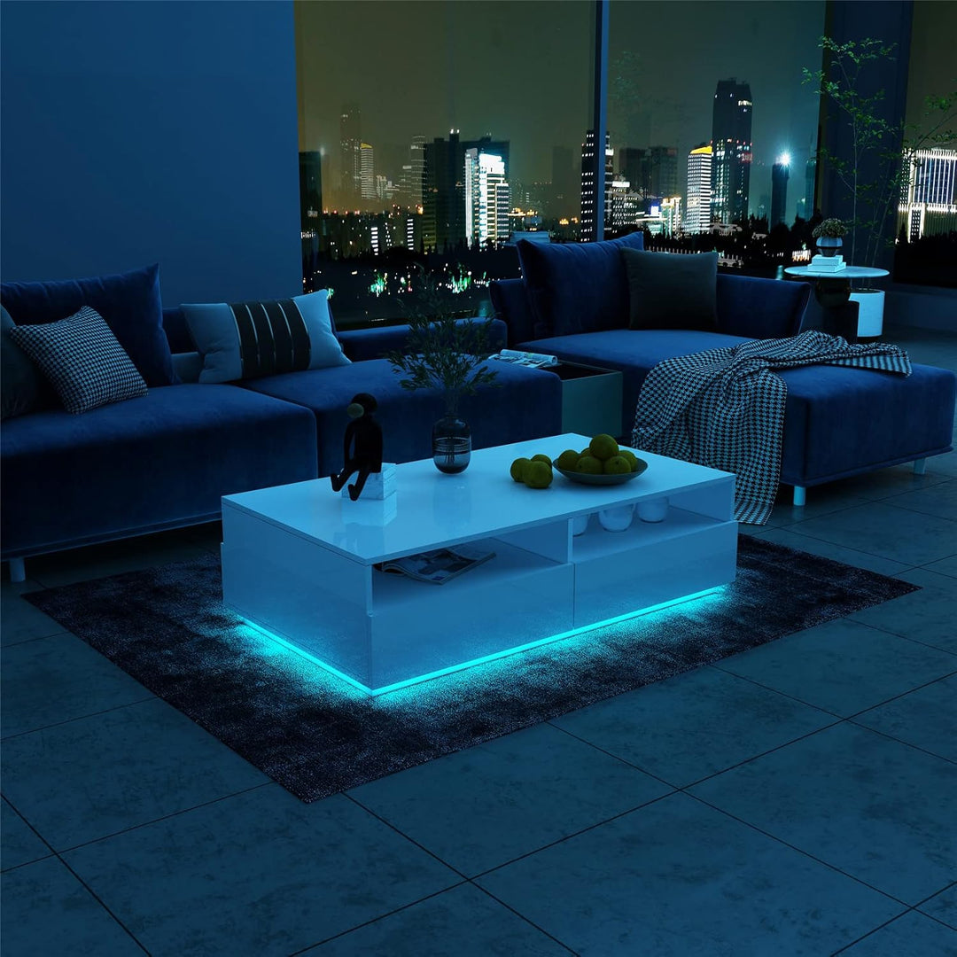 Senvoziii LED Couchtisch für Wohnzimmer, Beistelltisch Moderner Holztisch, Weisser Glanz Kaffeetisch