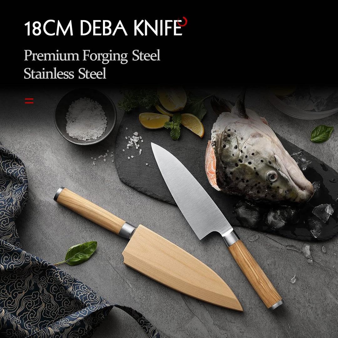 HEZHEN 18CM Deba Messer,Messer Asiatischer Art, Japanischer Stil Schmiedestahl Fische Lachs Filetier