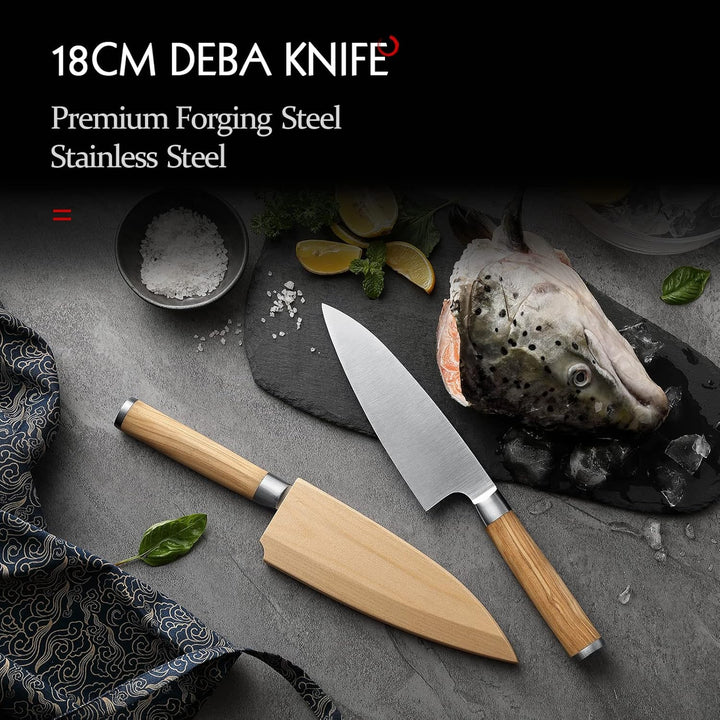 HEZHEN 18CM Deba Messer,Messer Asiatischer Art, Japanischer Stil Schmiedestahl Fische Lachs Filetier