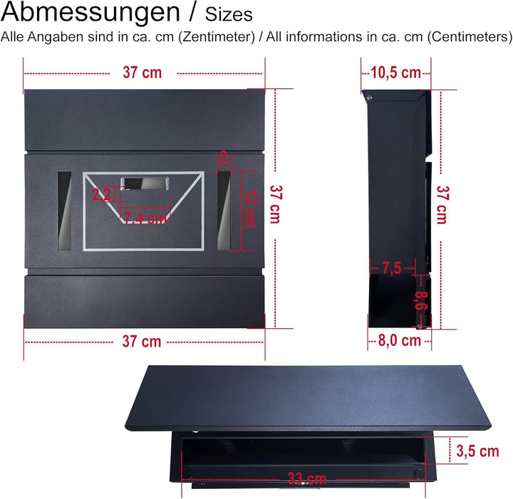 TÄGA 2220B Briefkasten anthrazit mit Zeitungsfach, Sichtfenster, Namensschild I DIN A4 Einwurf I ver