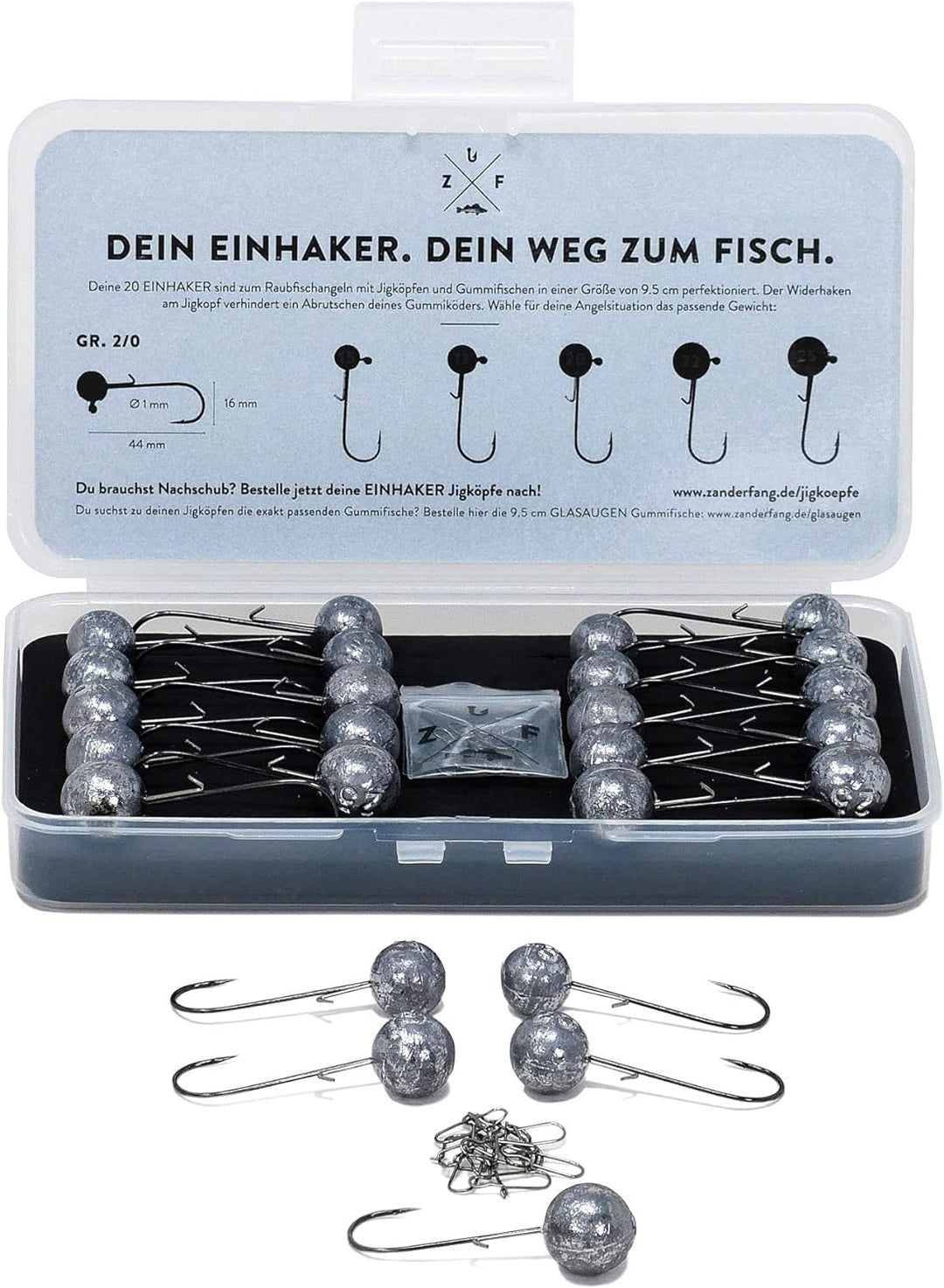Zanderfang – Jigköpfe Angelhaken-Set Jighaken – Jigkopf Grösse 2/0 und 4/0 für Gummiköder von 8cm bi