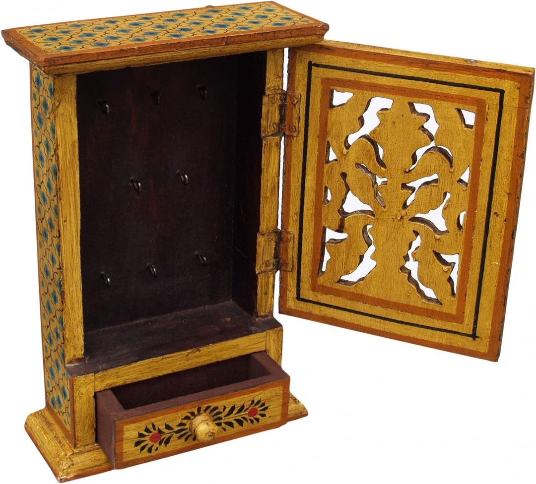 GURU SHOP Schlüsselkasten, Bemalte Schlüssel Ablage Box mit Tür - Muster 4, Mehrfarbig, 30x23x9 cm,