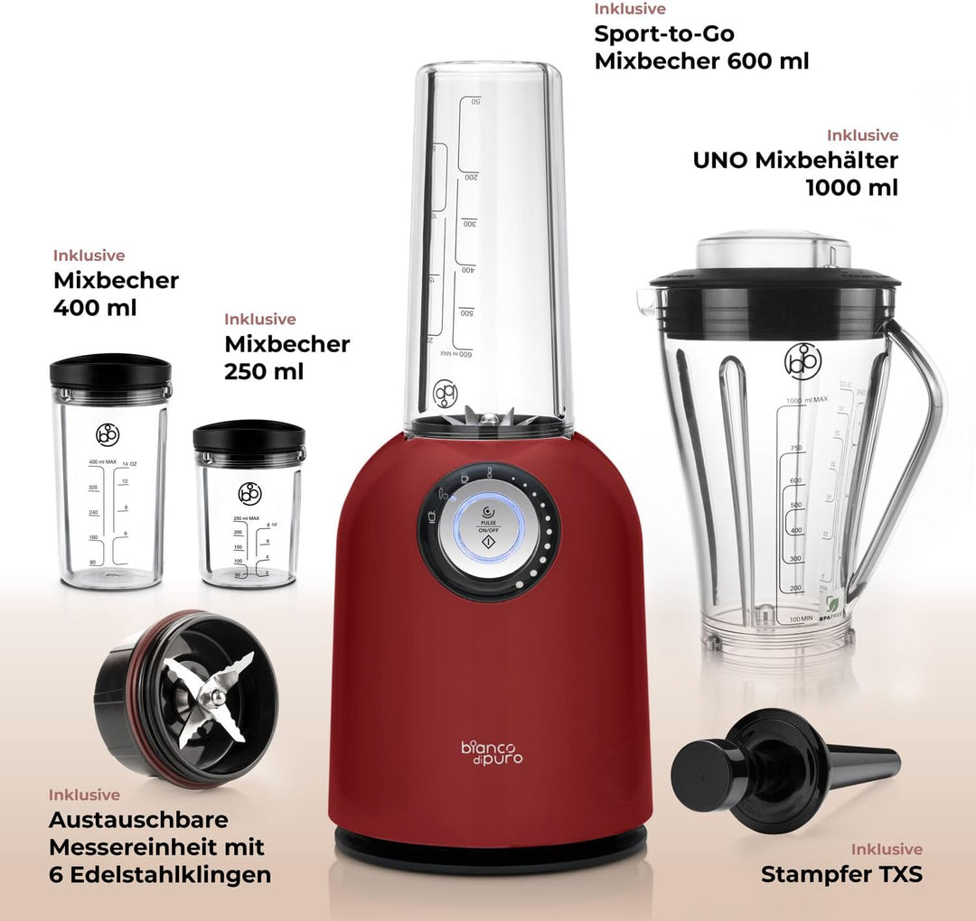 bianco di puro Hochleistungsmixer Attivo bis 24.500 U/Min Smoothie Maker inkl. Sport-To-Go Mixbecher