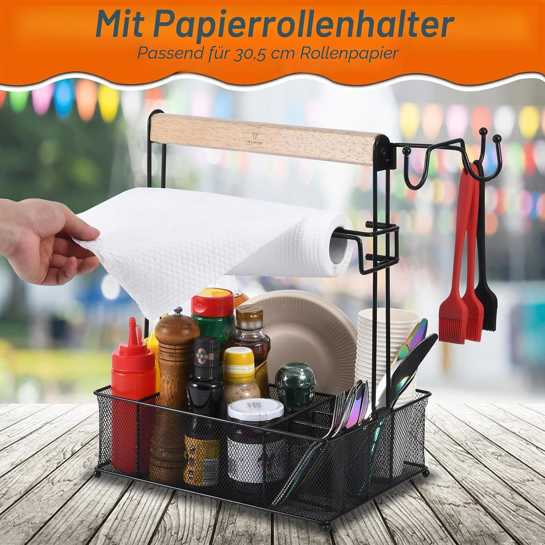 Grill-Caddy, Picknick-Grill-Organizer für Camping, Outdoor, Netzkorb mit 3 Haken zum Aufhängen und P