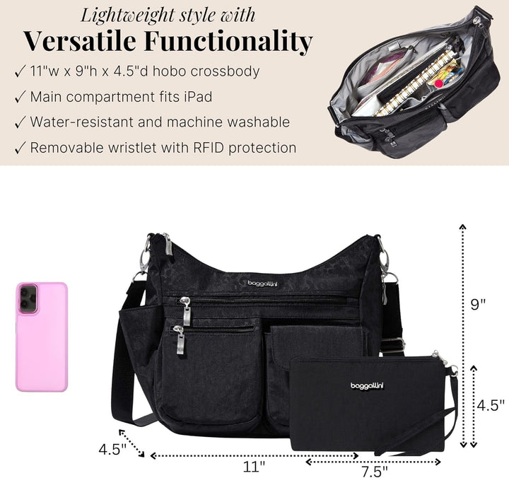 Baggallini Moderne Everywhere Bag - Hobo Crossbody Taschen für Damen mit RFID Geldbörse Schwarze Gep