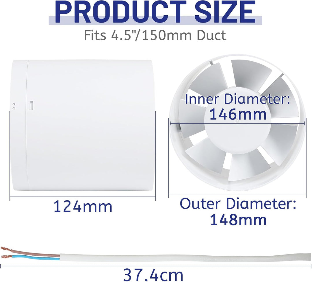 lalago Kanal Rohrventilator 150mm, Inline-Abluftventilator 34dB Leise Weiss, Rohrlüfter mit Rückstau