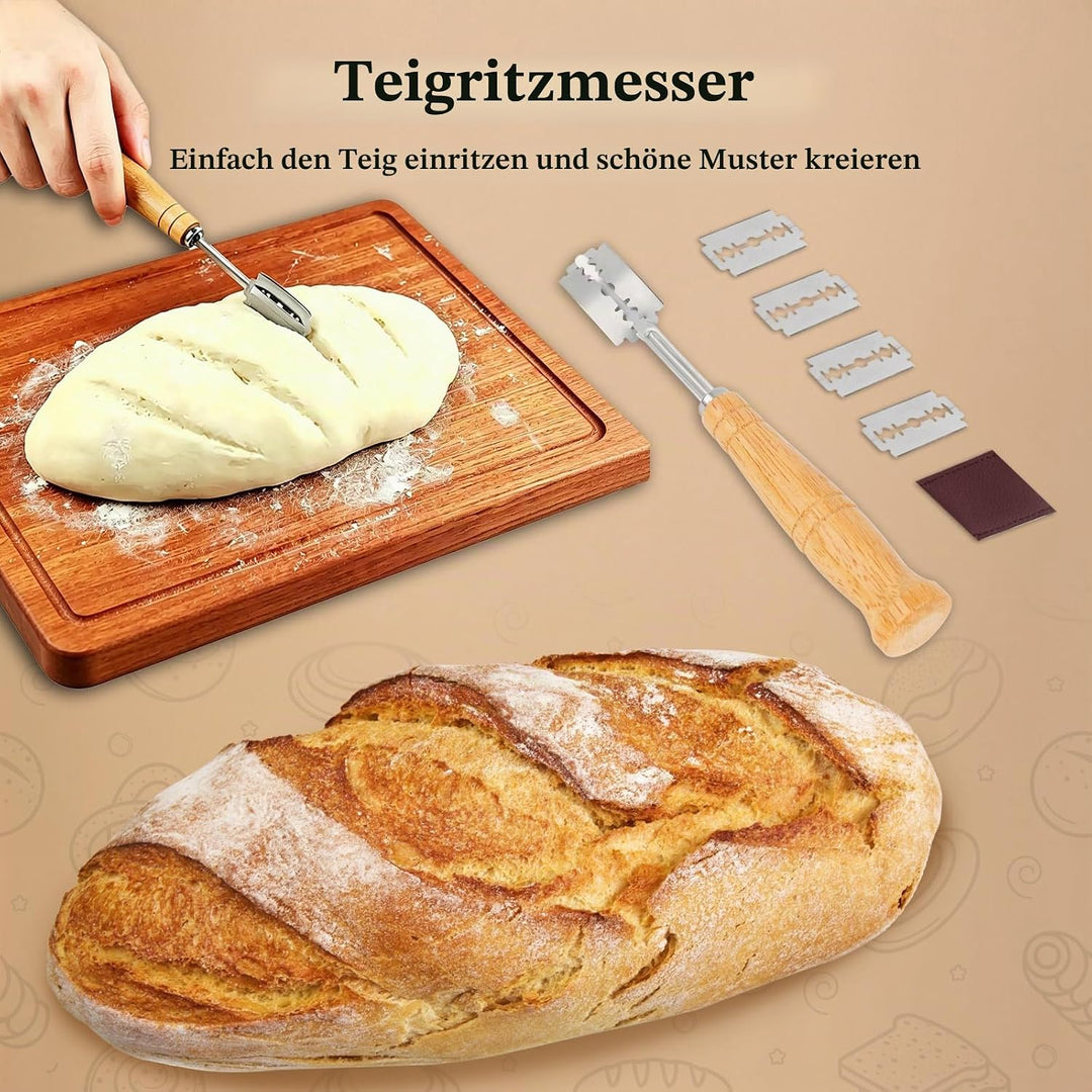 Sauerteig Starter Set – Faltbare Silikon Gärkörbchen (rund &amp; oval) mit Stoffauskleidung, Brotmesser