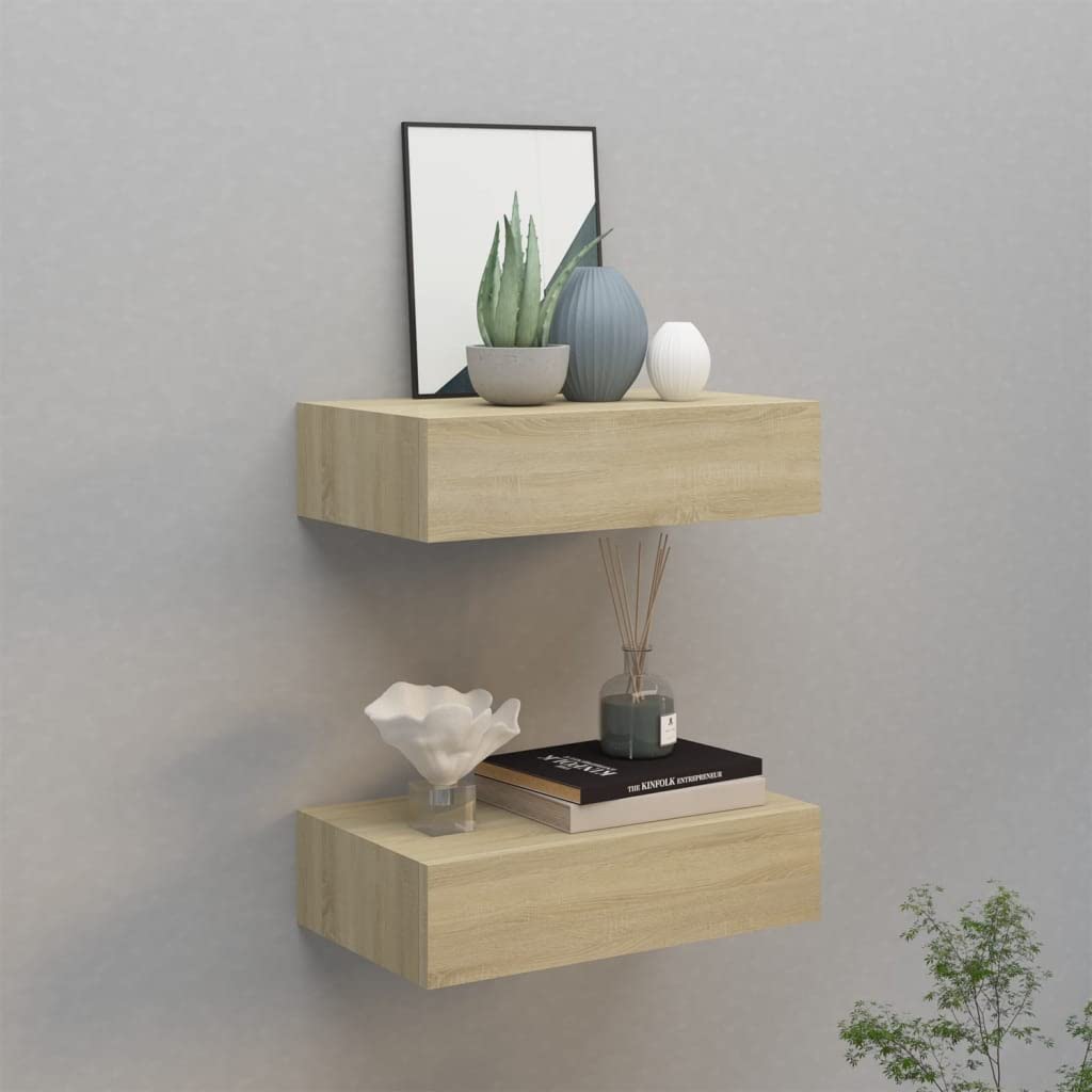 Schubladenregal 40x23,5x10 cm 2 Pcs MDF, Metall Eichefarben Wandschrank Mit Schublade Mit Schublade
