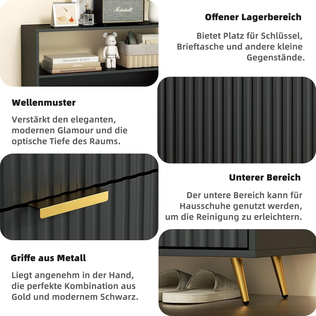 Urban Deco Schuhschrank Schwarz, 75 x 24 x 116 cm, Schuhkipper mit 2 Klappen, Schuhregal Schmal mit
