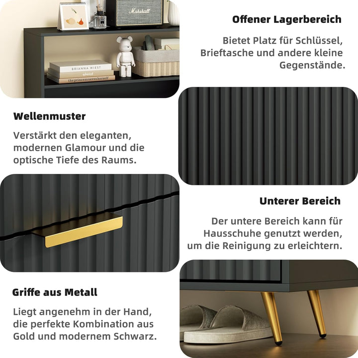 Urban Deco Schuhschrank Schwarz, 75 x 24 x 116 cm, Schuhkipper mit 2 Klappen, Schuhregal Schmal mit