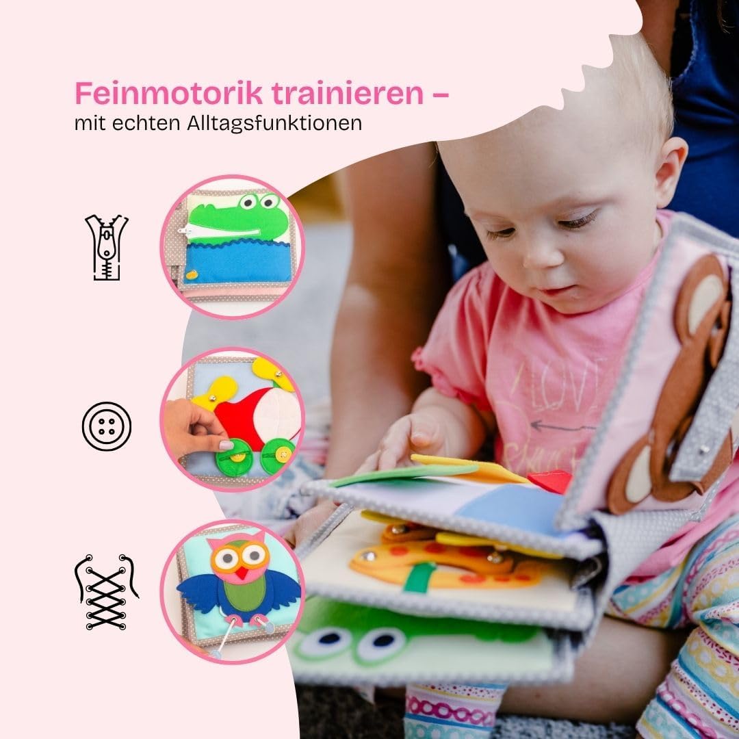 Jolly Designs 6-seitiges Mini Quiet Book | Peek a Boo- Montessori Lernspielzeug Aus Hochwertigem Sto