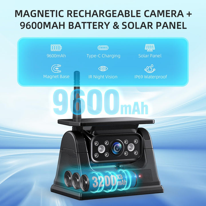 4 Magnetisch Solar Touchscreen Rückfahrkamera Kabellos, HD1080P, 9'' Loop Aufnahmemonitor, kabellose