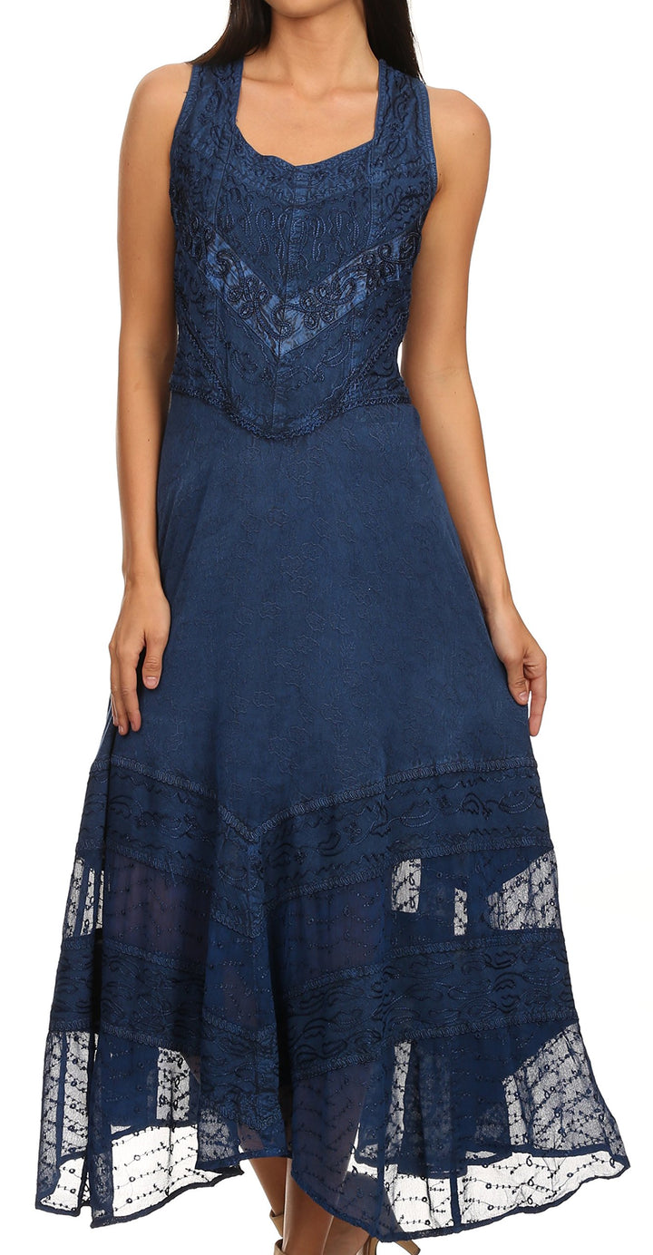 Sakkas Zendaya Stonewashed Rayon Embroiderot Floral Vine Ärmelless V-Neck Kleid XL-XXL Grosse Grösse