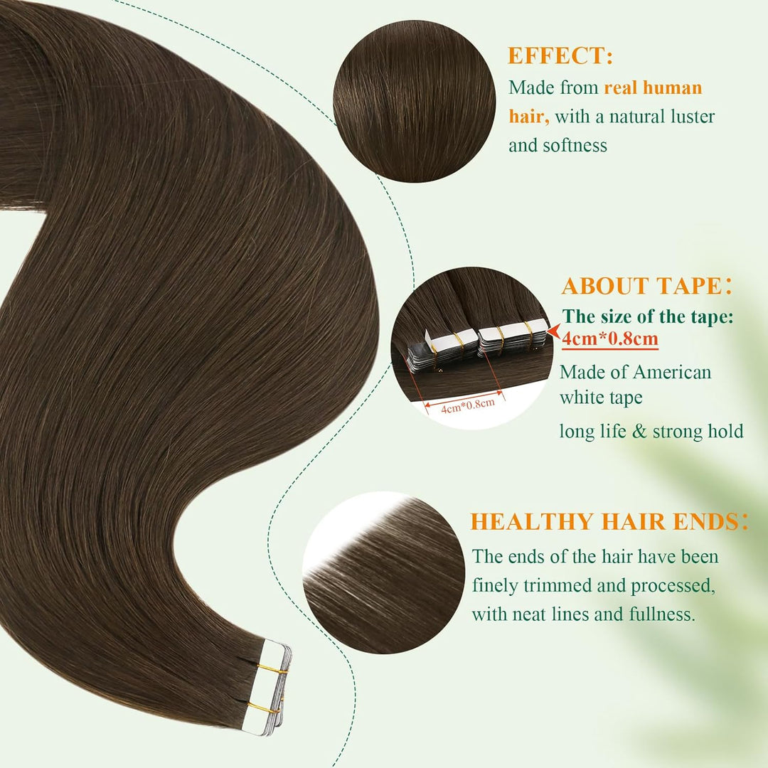Easyouth Tape on Extension Echthaar Braun Haare mit Tape Extension Echthaar Farbe Dunkelstes Braun 2
