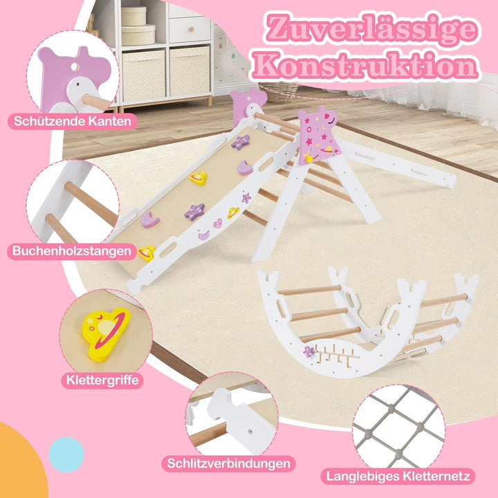 FANTASK 7 in 1 Klettergerüst Indoor, Kletterdreieck 4er Set mit Rutsche, Kletterbogen, Netz, inkl. d