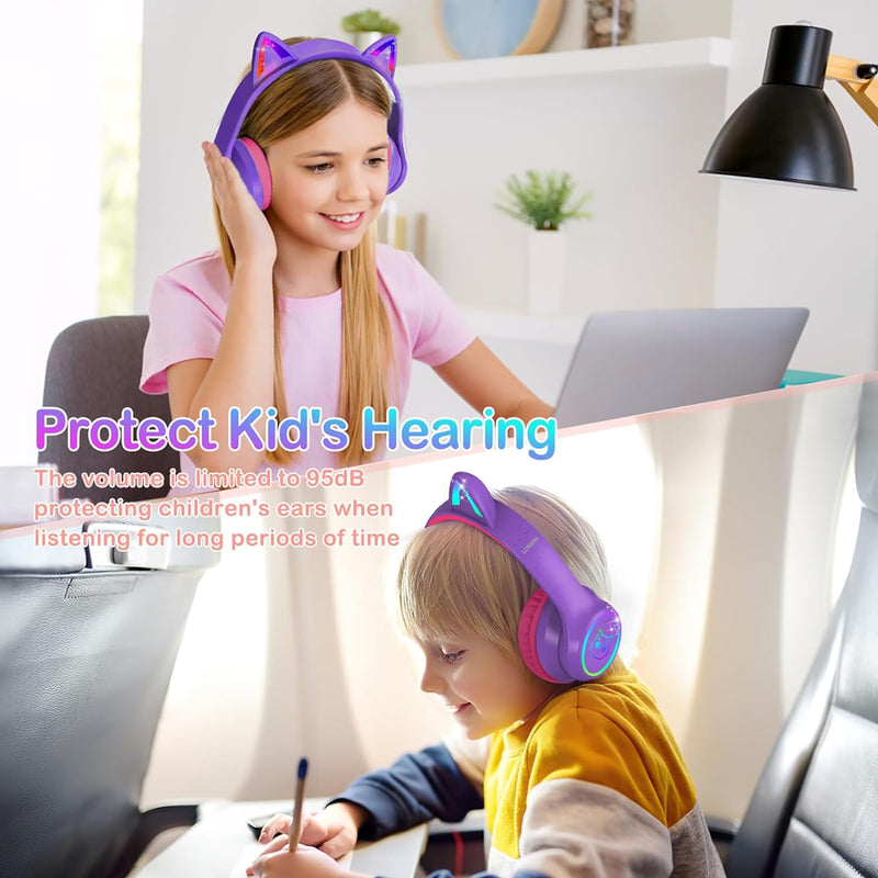 LOBKIN Bluetooth 5.3 Kinder Kopfhörer mit Tasche - RGB LED-licht Katzenohren Faltbare Stereo Headset