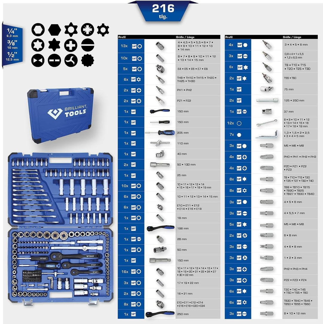 BRILLIANT TOOLS BT023216 Steckschlüssel-Satz, 216-tlg, 1/4", 3/8", 1/2" [Powered by KS TOOLS] 216-tl
