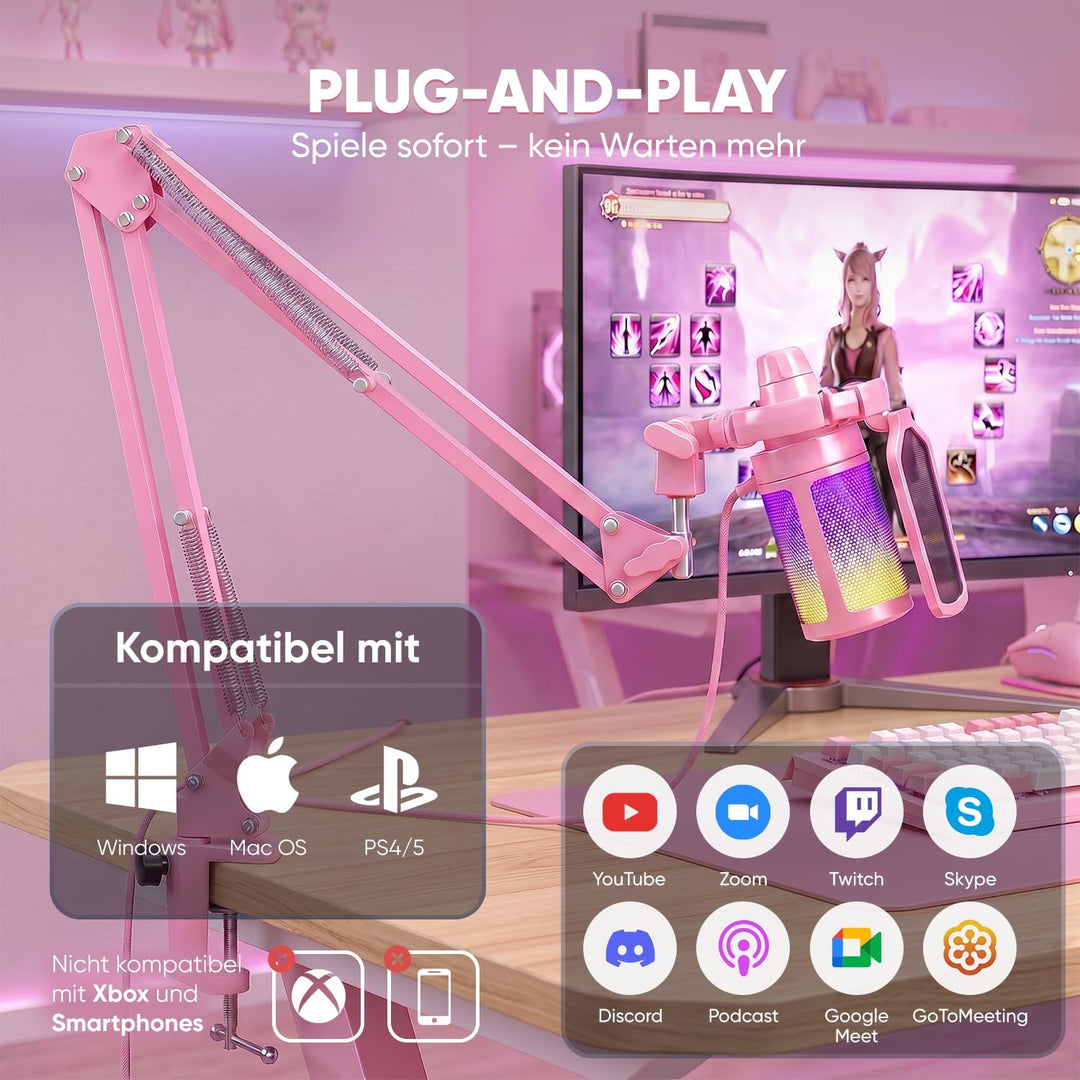 FIFINE Gaming Mikrofon mit Arm, Typ A/C USB Microphone pc für MAC PS4 PS5 mit Stummschalttaste, Popf