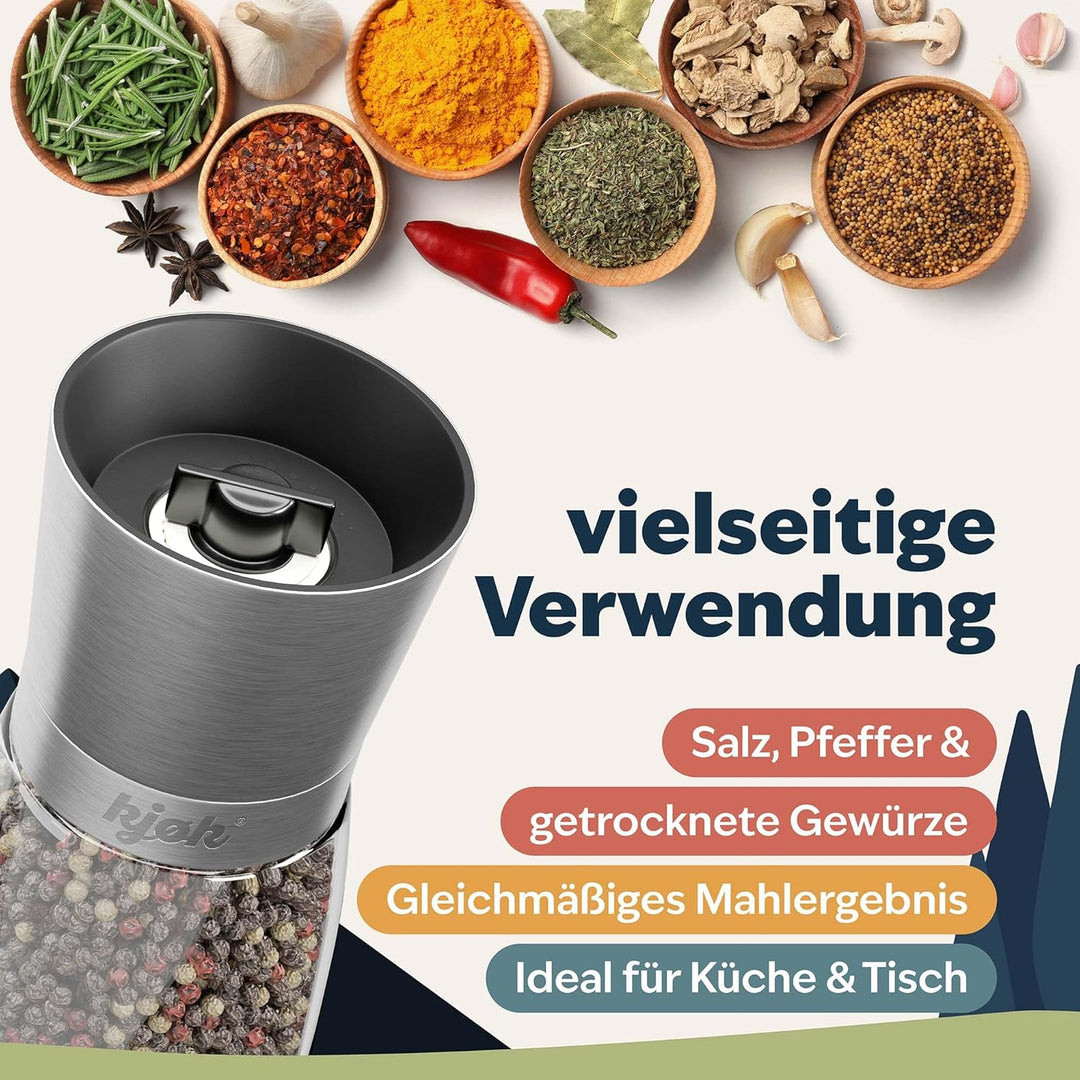 kjøk Premium Salz- und Pfeffermühle 2er-Set aus Edelstahl &amp; Glas – verstellbares Keramikmahlwerk fei