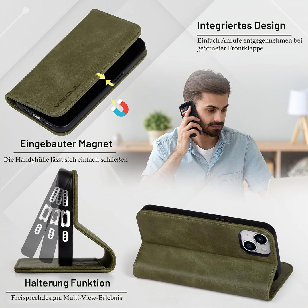VISOUL Hülle für iPhone 15, Schutzhülle [Echt Leder] [Schützt vor Stoss] [Kartenfach] [Magnetverschl