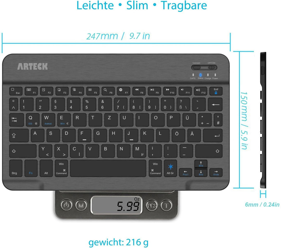Arteck Bluethooth QWERTZ Deutsche Wireless Tastatur mit 7 Farben Ultraleicht und dünn Tragbare Kabel