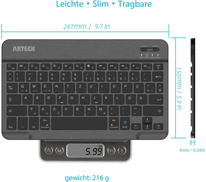 Arteck Bluethooth QWERTZ Deutsche Wireless Tastatur mit 7 Farben Ultraleicht und dünn Tragbare Kabel