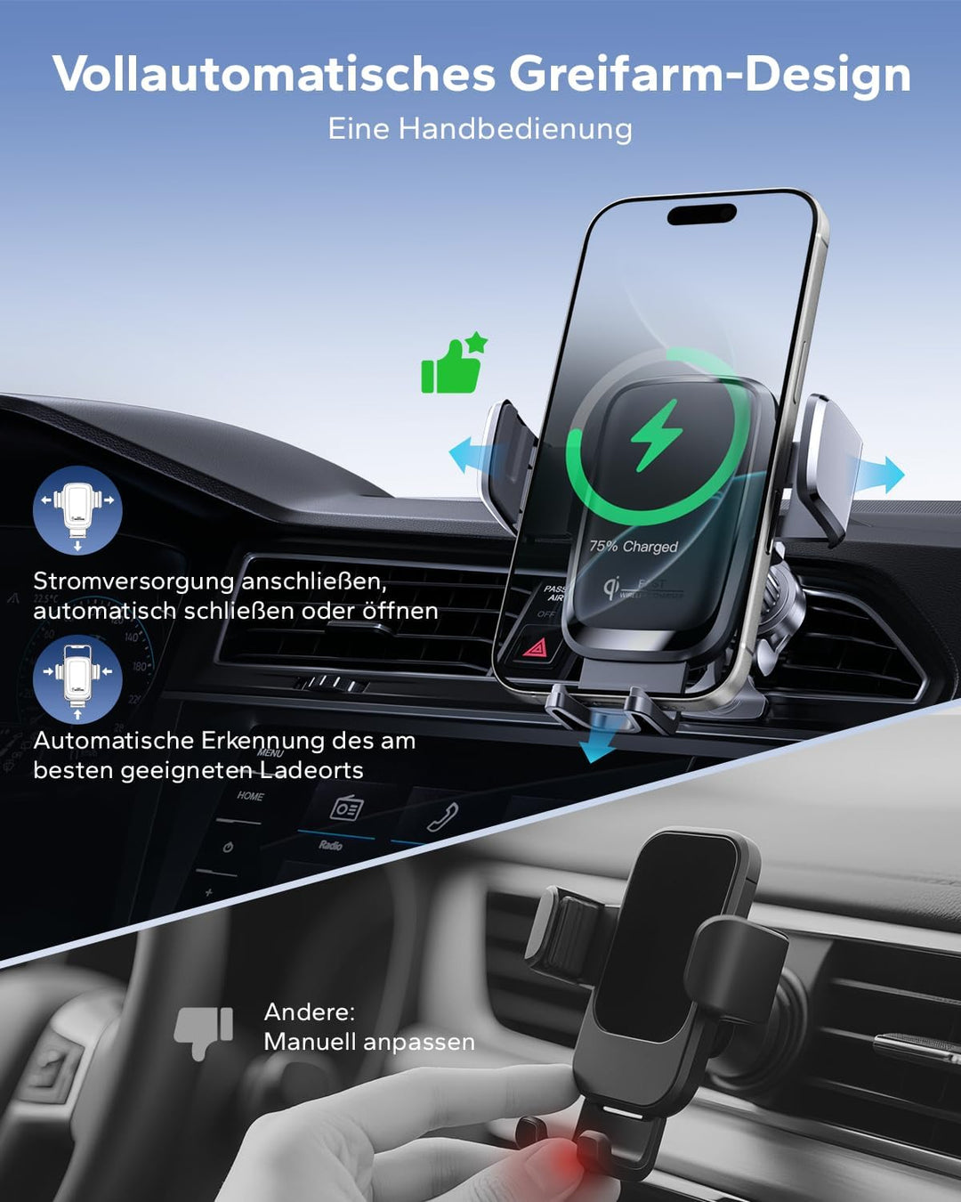 KPON Qi-Zertifizierung Handyhalterung Auto mit Ladefunktion, 15W Induktive Ladestation Auto für Wind