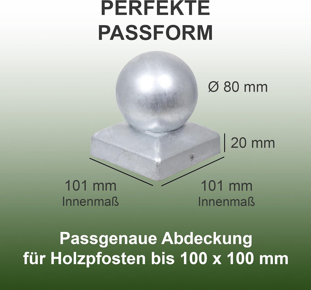 h2i Pfostenkappe Kugel | Stahl verzinkt | 101 x 101 mm | 10 Stück | Eckige Abdeckkappe für Garten Ho