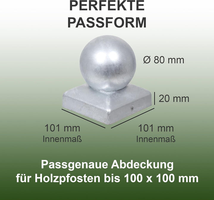 h2i Pfostenkappe Kugel | Stahl verzinkt | 101 x 101 mm | 10 Stück | Eckige Abdeckkappe für Garten Ho