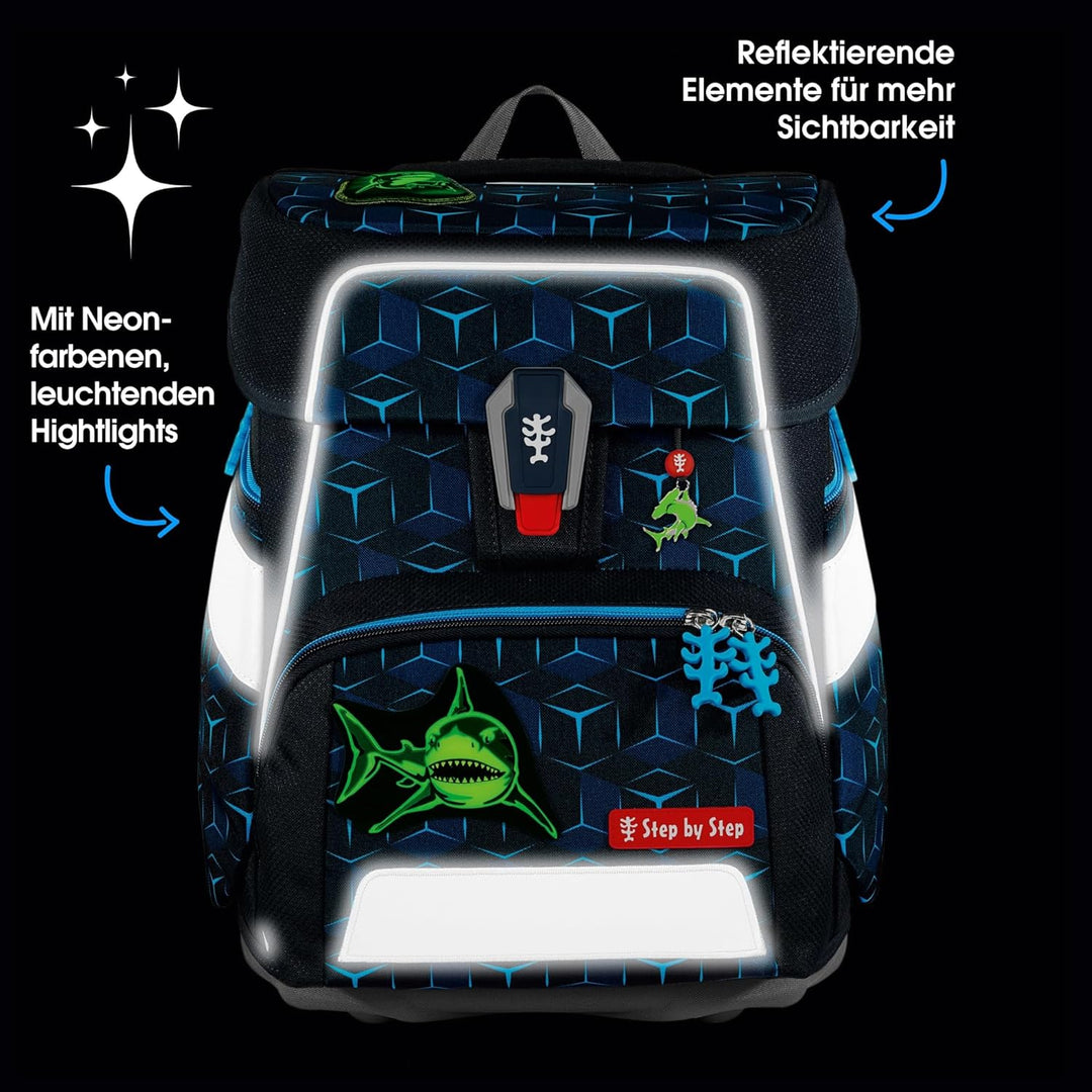Step by Step Schulranzen-Set Space Shine „Shark Dexter“ 5-teilig, ergonomischer Tornister aus reflek