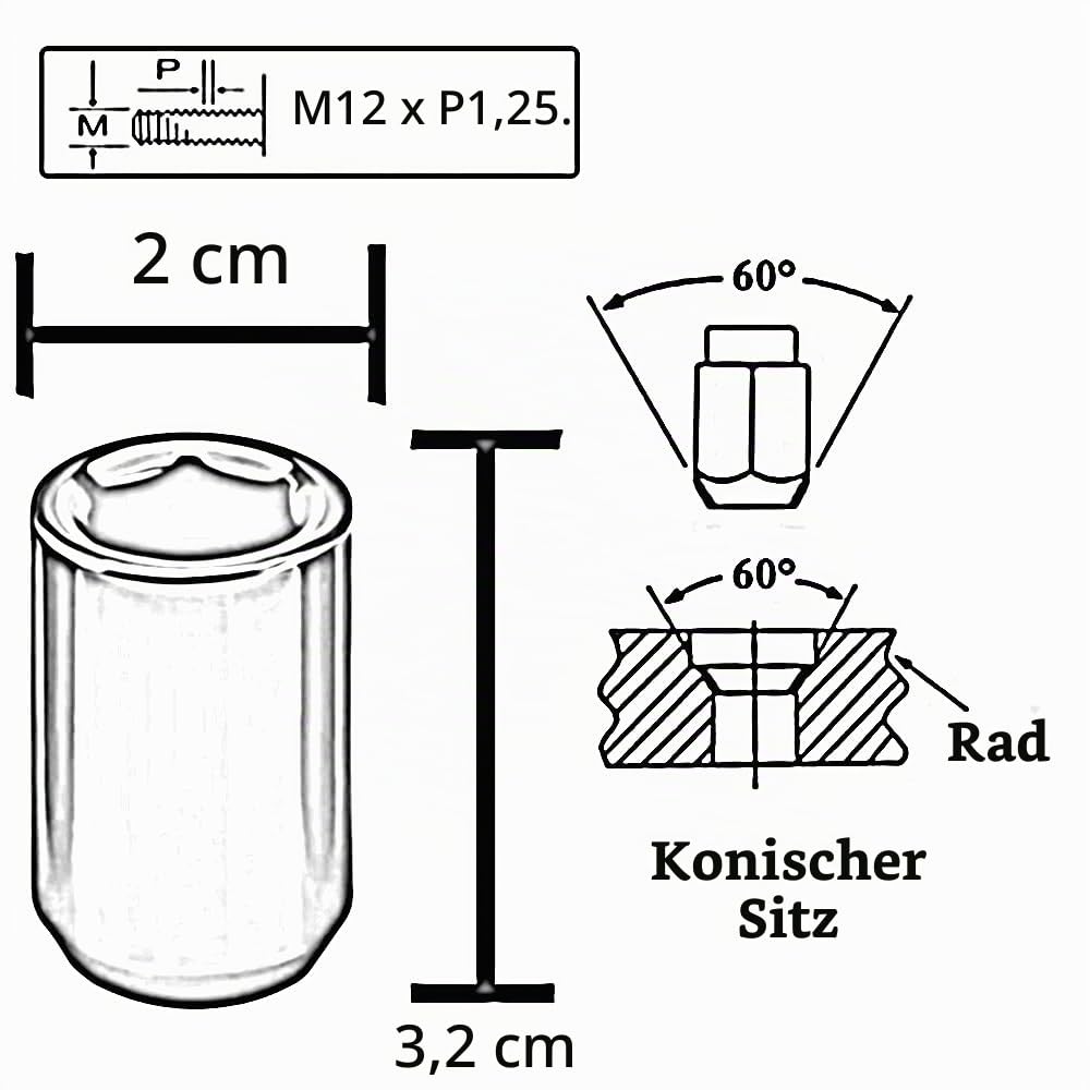 20 Stück Kegel 60° Schmal Sechskantschlüssel Stahl Lug Nuts M12 x 1,25 Radmuttern (Rot), rot