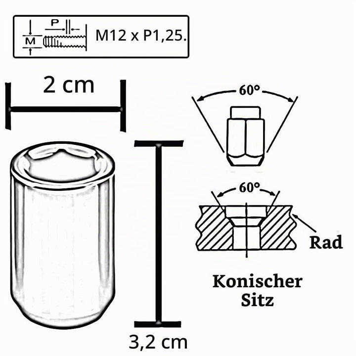 20 Stück Kegel 60° Schmal Sechskantschlüssel Stahl Lug Nuts M12 x 1,25 Radmuttern (Rot), rot