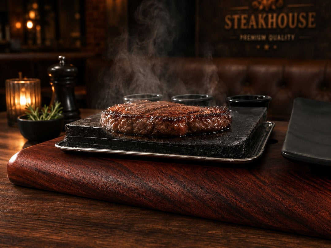 Heisser Stein Steak Set mit Akazienholzbrett – Lavastein zum Grillen am Tisch, Steakstein mit Edelst