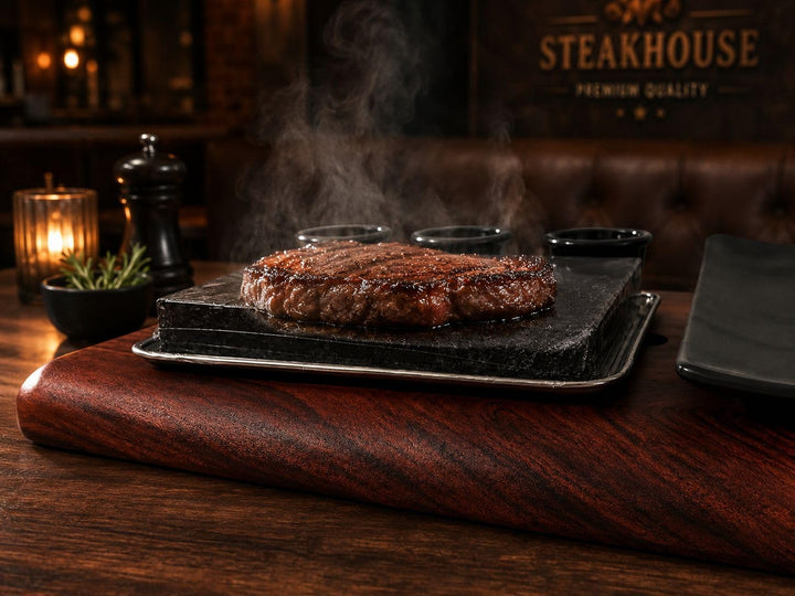 Heisser Stein Steak Set mit Akazienholzbrett – Lavastein zum Grillen am Tisch, Steakstein mit Edelst