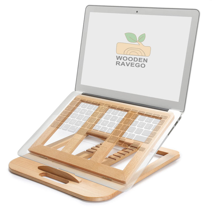 RAVEGO Laptop Ständer Höhenverstellbarer, 6-Stufe Einstellbar Laptopständer aus Holz, Tragbar Belüft