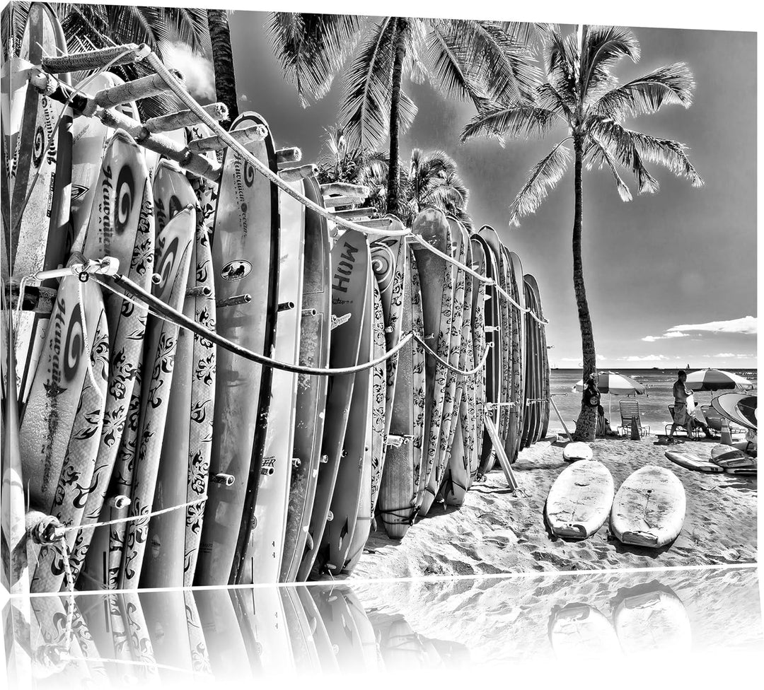 Pixxprint Monocrome, Surfboards am Strand, Format: 100x70 auf Leinwand, 100x70