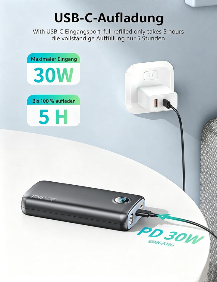 Power Bank, 27000mAh 30W PD3.0 QC4.0 4.5A Schnelles Aufladen, USB C Eingang und Ausgang Externer Akk
