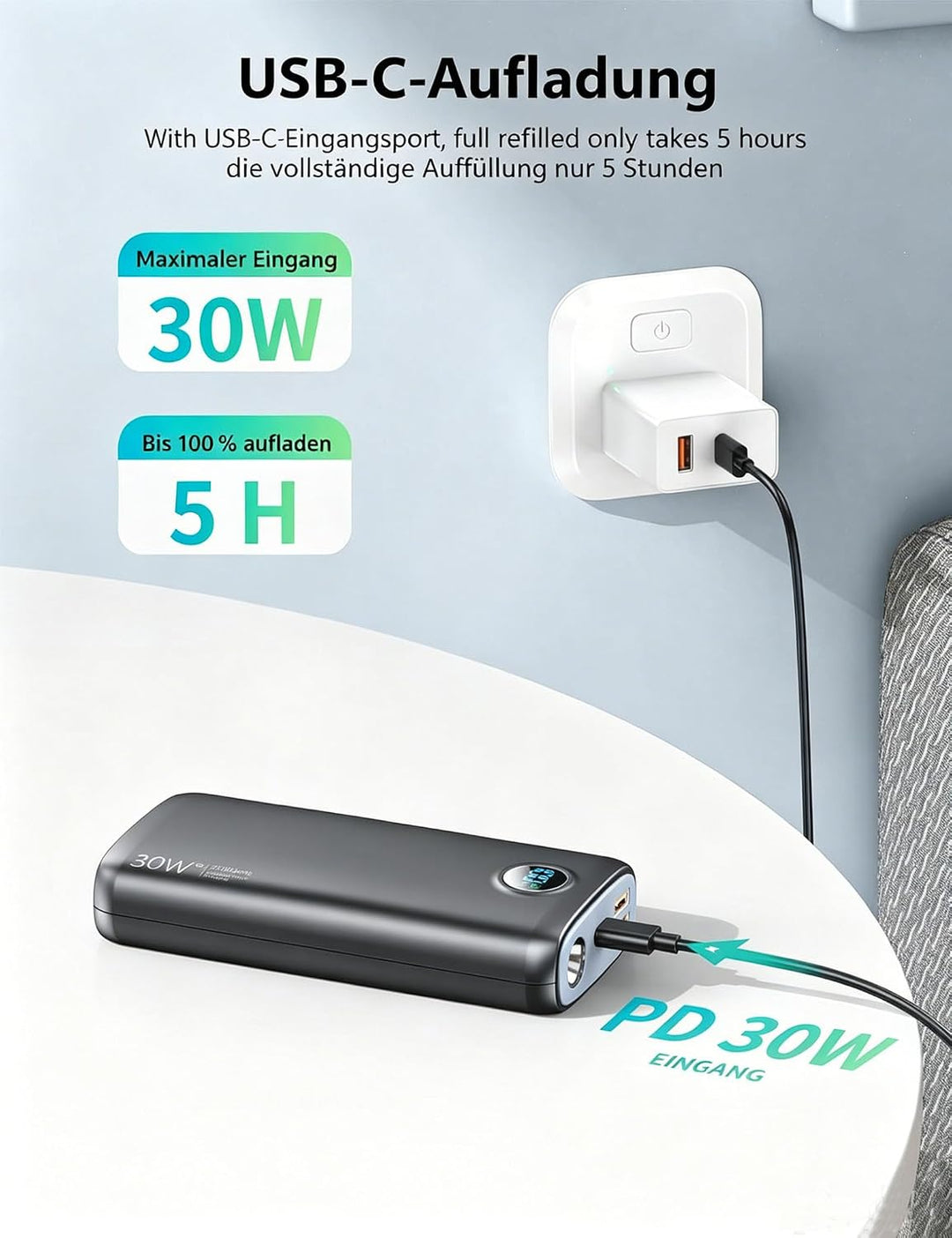 Power Bank 27000mAh 30W Powerbank Schnellladefunktion PD3.0 QC4.0 USB C | Externe Handyakkus USB C E