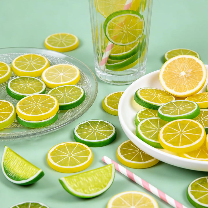 30 Stück Zitronen Deko Set, Deko Zitrone mit Gelben und Grünen Scheiben und Würfeln, Zitronedeko für