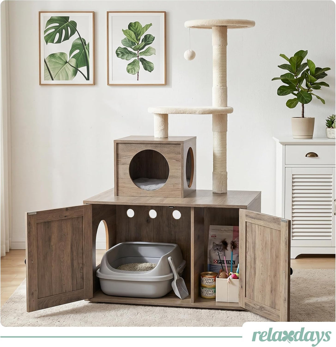 Relaxdays Kratzbaum mit Katzenkloschrank, HBT: 133x78x49 cm, weiss | Sisalstämme &amp; Liegemulde, Holzo